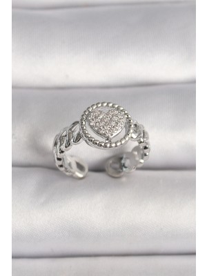 Aesco Mey Ithalat® Pirinç Gümüş Renk Zincir Model Zirkon Taşlı Kalp Model Kadın Yüzük