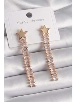 Aesco Mey Ithalat® Pirinç Gold Renk Yıldız Model Su Yolu Zirkon Taşlı Kadın Küpe