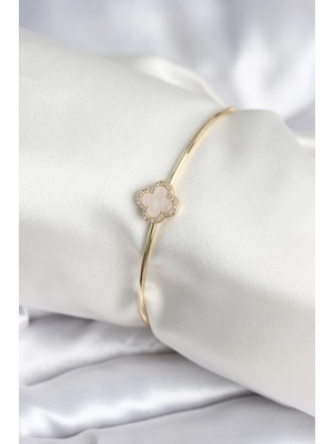 Aesco Mey Ithalat® Beyaz Sedefli Yonca Model Gold Renk Kadın Bileklik