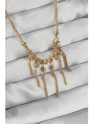 Aesco Mey Ithalat® 316L Çelik Zincir Gold Renk Topçuk Detay Sallantılı Zincir Kolye