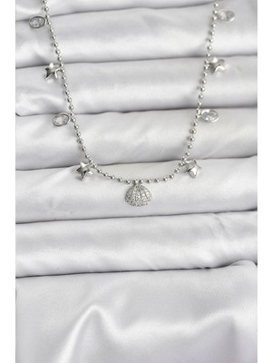 Aesco Mey Ithalat® Pirinç Gümüş Renk Zirkon Taşlı Deniz Kabuğu Model Kadın Kolye