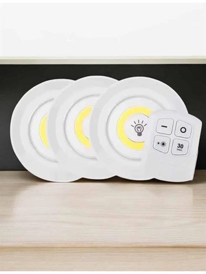 Aesco Mey Ithalat® Spot Lamba LED Işık 3'lü Uzaktan Kumandalı Pilli Yapışkanlı Kablosuz