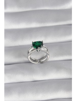 Aesco Mey Ithalat® Pirinç Gümüş Renk Yeşil Zirkon Taşlı Tek Taş Model Kadın Yüzük