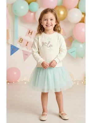 Kız Çocuk Tütü Etekli Payet Işlemeli Kurdele Baskılı %100 Pamuk Yeşil Astarlı Elbise