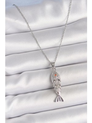 Aesco Mey Ithalat® 316L Çelik Zincir Gümüş Renk Zirkon Taşlı Balık Figürlü Kolye