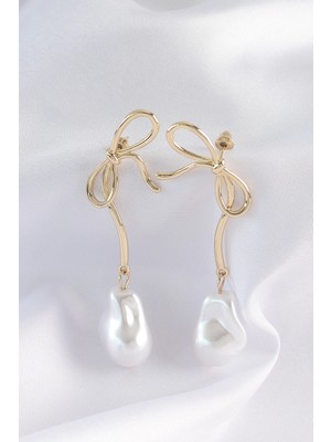 Aesco Mey Ithalat® Pirinç Gold Renk Fiyonk Model Inci Taşlı Uzun Küpe