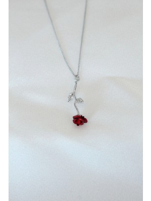 Aesco Mey Ithalat® Gümüş Kaplama Kırmızı Gül Figürlü Kadın Kolye