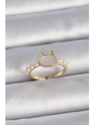 Aesco Mey Ithalat® Pirinç Gold Renk Ayarlanabilir Beyaz Mineli Kedi Model Inci Detay Kadın Yüzük