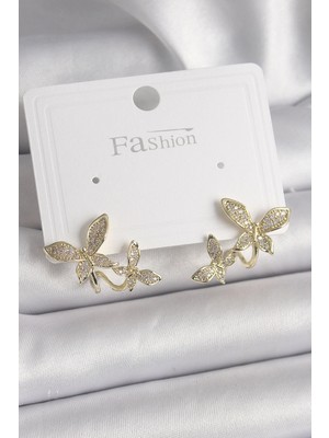 Aesco Mey Ithalat® Pirinç Gold Renk Zirkon Taşlı Kelebek Model Kadın Küpe