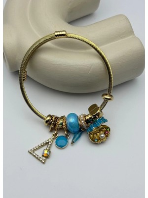 Biju Yılmaz Çelik Gold Taşlı Üçgen Istiridye Mavi Charmlı Pandora Bileklik - 26BLK37