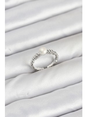 Aesco Mey Ithalat® Pirinç Gümüş Renk Göbek Inci Model Kadın Yüzük