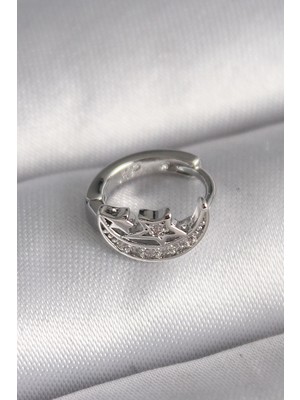 Aesco Mey Ithalat® 316L Çelik Gümüş Renk Zirkon Taşlı Ay Yıldız Model Tragus Piercing