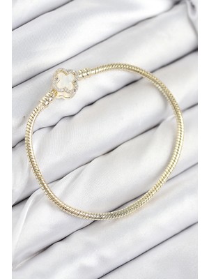 Aesco Mey Ithalat® Pirinç Charm Zirkon Taşlı Yonca Model Gold Renk Kadın Bileklik