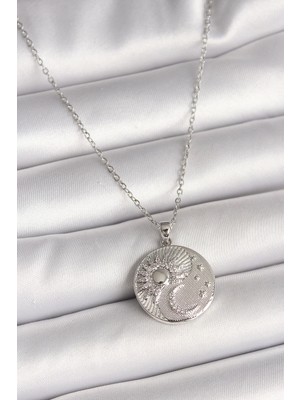 Aesco Mey Ithalat® 316L Çelik Gümüş Renk Zincir Zirkon Taşlı Ay Güneş Işlemeli Madalyon Model Kadın Kolye