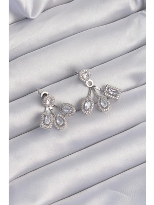 Aesco Mey Ithalat® Pirinç Gümüş Renk Zirkon Taşlı Geometrik Model Küpe