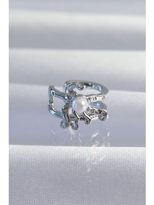 Aesco Mey Ithalat® Pirinç Gümüş Renk Incili Ahtapot Earcuff Küpe