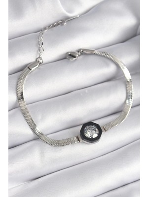 Aesco Mey Ithalat® 316L Çelik Gümüş Renk Zirkon Taşlı Italyan Zincir Model Kadın Bileklik