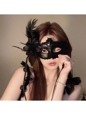 Aesco Mey Ithalat® Siyah Mat Renk Yandan Tüylü Güllü Parti Balo Venedik Maskesi 16X22