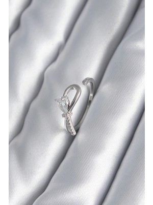 Aesco Mey Ithalat® Pirinç Gümüş Renk Zirkon Taş Detay Kurdele Model Kadın Yüzük