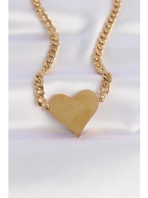 Aesco Mey Ithalat® 316L Çelik Zincir Altın Renk Düz Plaka Kalp Kolye