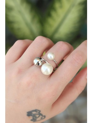 Aesco Mey Ithalat® Pirinç Gümüş Renk Ayarlanabilir Inci Taşlı Yüzük