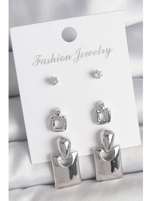 Aesco Mey Ithalat® Pirinç Gümüş Renk Zirkon Taş Detay Sallantılı Kare Model 3 Çift Kadın Küpe Seti