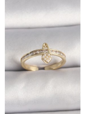 Aesco Mey Ithalat® Pirinç Gold Renk Zirkon Taşlı Inci Detay Kilit Kalp Figür Ayarlanabilir Yüzük