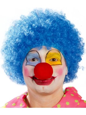 Aesco Mey Ithalat® Mavi Renk Kıvırcık Afro Bonus Peruk Takma Saç ve Kırmızı Burun Seti