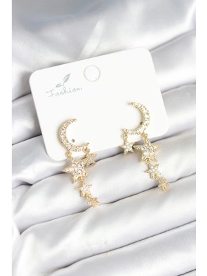 Aesco Mey Ithalat® Ay ve Yıldız Model Gold Renk Pirinç Kadın Küpe