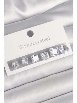 Aesco Mey Ithalat® 316L Çelik Gümüş Renk Kare Zirkon Taşlı Kadın Küpe Seti