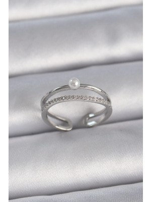 Aesco Mey Ithalat® Pirinç Gümüş Renk Zirkon Taşlı Inci Detay Ayarlanabilir Model Kadın Yüzük