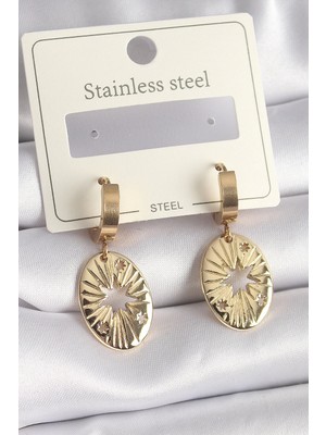 Aesco Mey Ithalat® 316L Çelik Gold Renk Kutup Yıldız Işleme Kadın Küpe