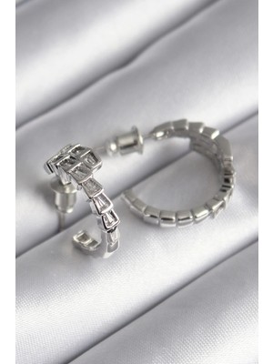 Aesco Mey Ithalat® Pirinç Gümüş Renk Zirkon Taşlı Yılan Model Kadın Küpe