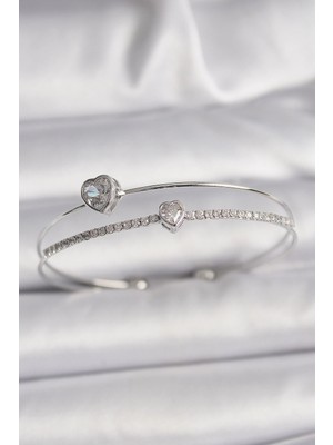 Aesco Mey Ithalat® Pirinç Gümüş Renk Zirkon Taşlı Kalp Model Kadın Bileklik