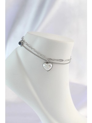 Aesco Mey Ithalat® 316L Çelik Gümüş Renk Beyaz Kalpli 2li Halhal