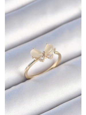 Aesco Mey Ithalat® Pirinç Gold Renk Beyaz Mineli Zirkon Taşlı Kelebek Model Kadın Yüzük