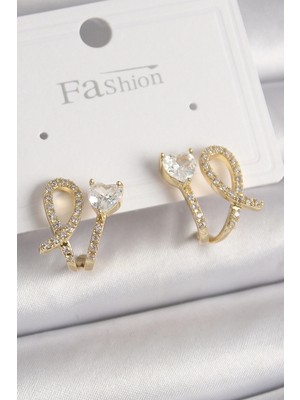 Aesco Mey Ithalat® Pirinç Gold Renk Düğüm Model Zirkon Taşlı Kalp Detay Kadın Küpe