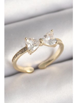 Aesco Mey Ithalat® Pirinç Gold Renk Zirkon Taşlı Kalp Fiyonk Model Kadın Yüzük