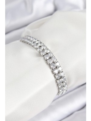 Aesco Mey Ithalat® Pirinç Zirkon Taşlı Çift Sıra Kare Model Gümüş Renk Asansörlü Kadın Bileklik