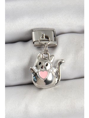 Aesco Mey Ithalat® 316L Çelik Sallantılı Kalp Detaylı Kedi Model Gümüş Renk Nomination Charm
