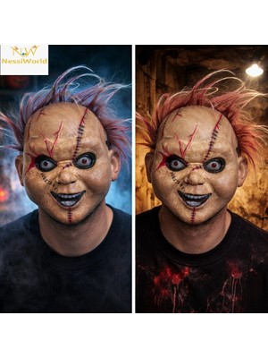 Aesco Mey Ithalat® Korku Bebek Maskesi – Saçlı Plastik Yüz Maskesi