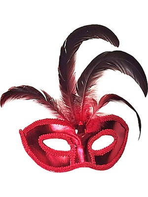 Aesco Mey Ithalat® Kırmızı Renk Rugan Kaplama Kırmızı Tüylü Parti Maskesi 18X20 cm