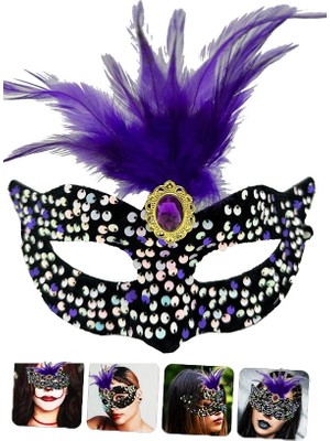 Aesco Mey Ithalat® Siyah Kadife Üzeri Rengarenk Payetli Pullu Mor Tüylü Mor Taşlı Parti Maskesi 19X21 cm