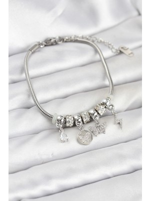 Aesco Mey Ithalat® Pirinç Gümüş Renk Kelebek Charmlı Kadın Bileklik