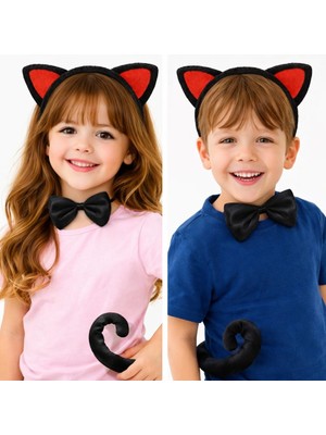 Aesco Mey Ithalat® Kırmızı Kulaklı Kedi Kostüm Seti – Taç Papyon Kuyruk 3 Parça