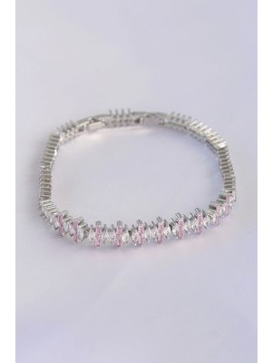 Aesco Mey Ithalat® Vip Seri Pirinç Pembe Zirkon Taşlı Gümüş Renk Baget Model Bileklik