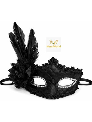 Aesco Mey Ithalat® Siyah Tüylü Venedik Lüks Balo Maskesi