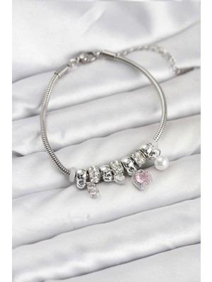 Aesco Mey Ithalat® Pirinç Gümüş Renk Pembe Kalp Charmlı Kadın Bileklik