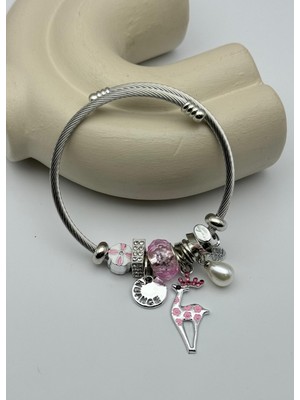 Biju Yılmaz Çelik Silver Taşlı Pembe Geyik Charmlı Pandora Bileklik - 26BLK64