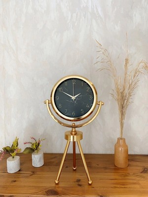 Aesco Mey Ithalat® Gold Metal Mini Tripod Mermer Ilhamı Masa Saati 45×26 cm